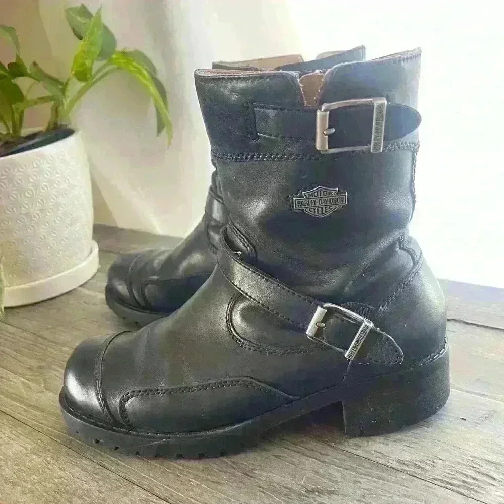 Harley Davidson Double Buckle Size Zip Y2K Black Motorcycle Boots Women's 7 - Picture 8 of 12